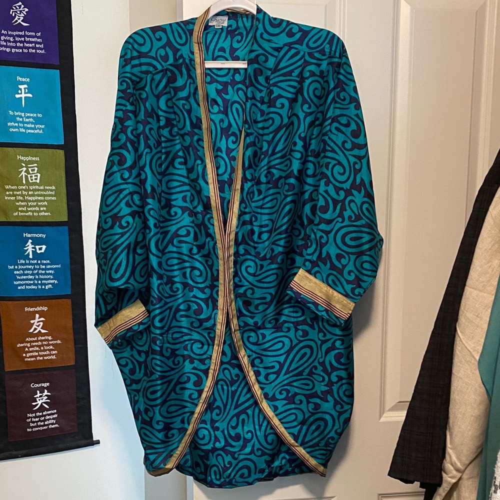 Teal and Gold Women's 100% Silk Kimono Jacket